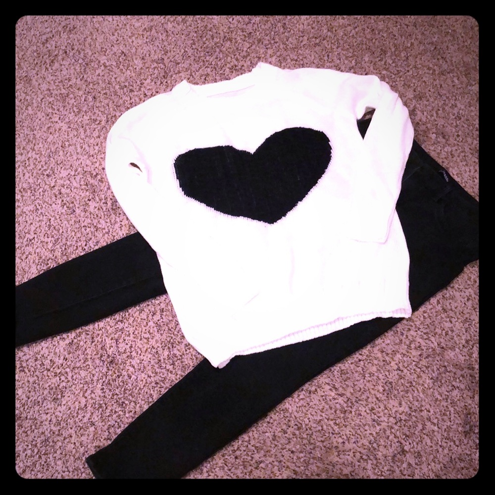 Cream sweater with black heart